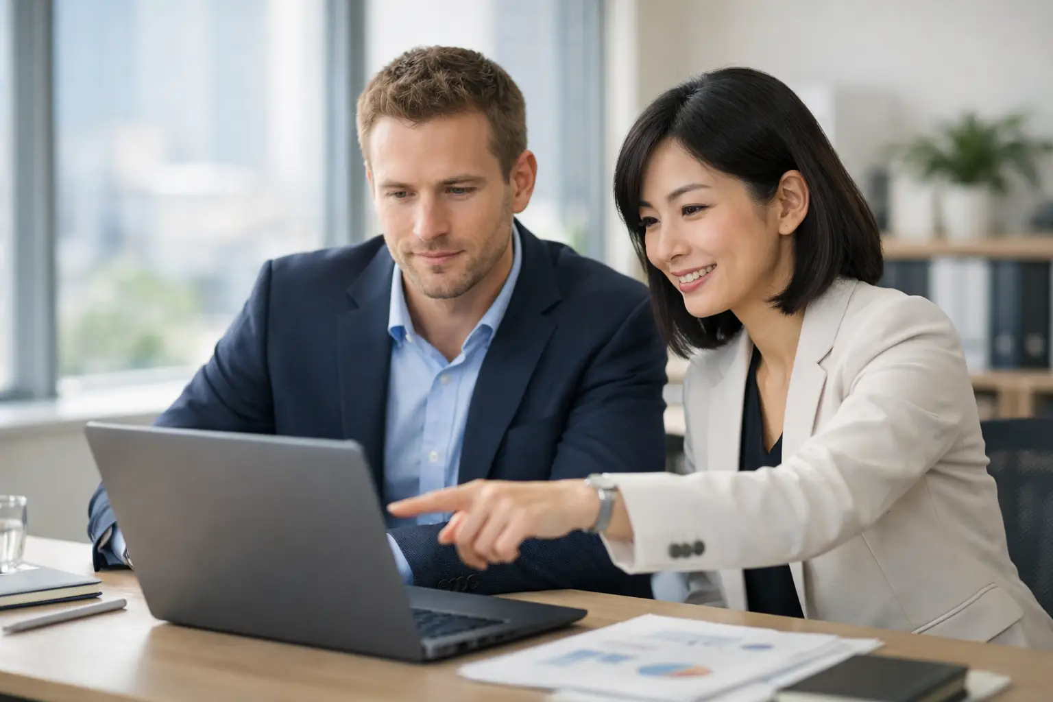 外国人と日本人がオフィスで協働している様子