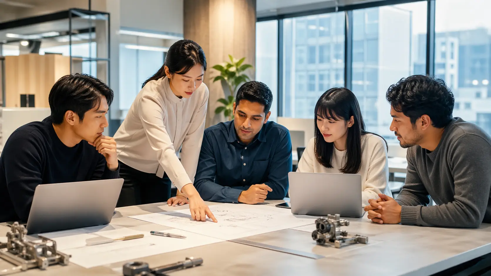 Multinational engineers collaborating in a workplace